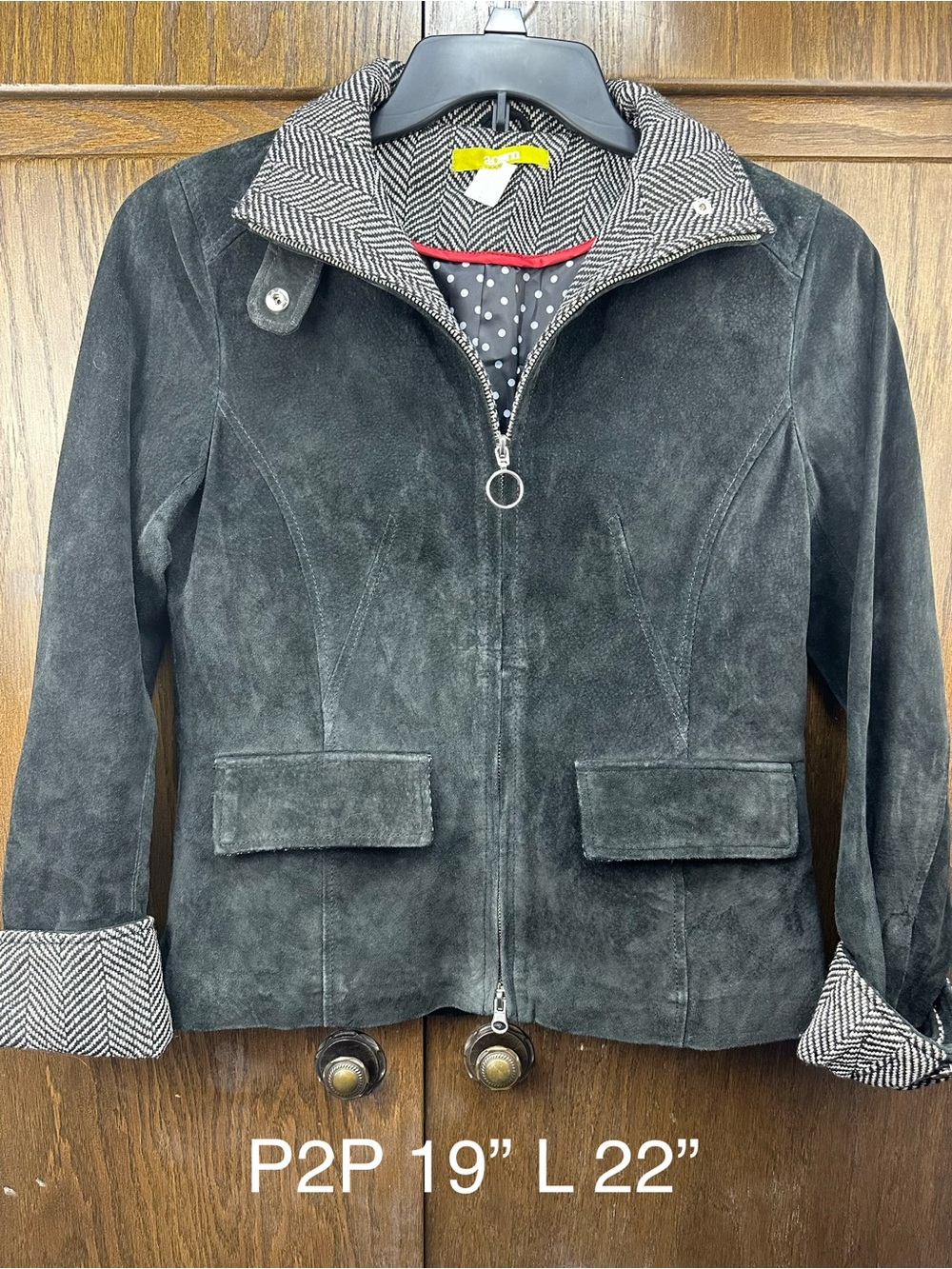 Acorn Black Suede Zip Jacket with Herringbone Trim